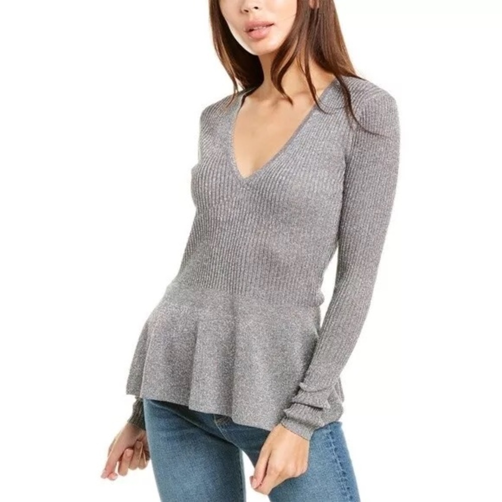Veronica Beard Sweater Esmeralda V-Neck Metallic Ribbed Peplum Pullover